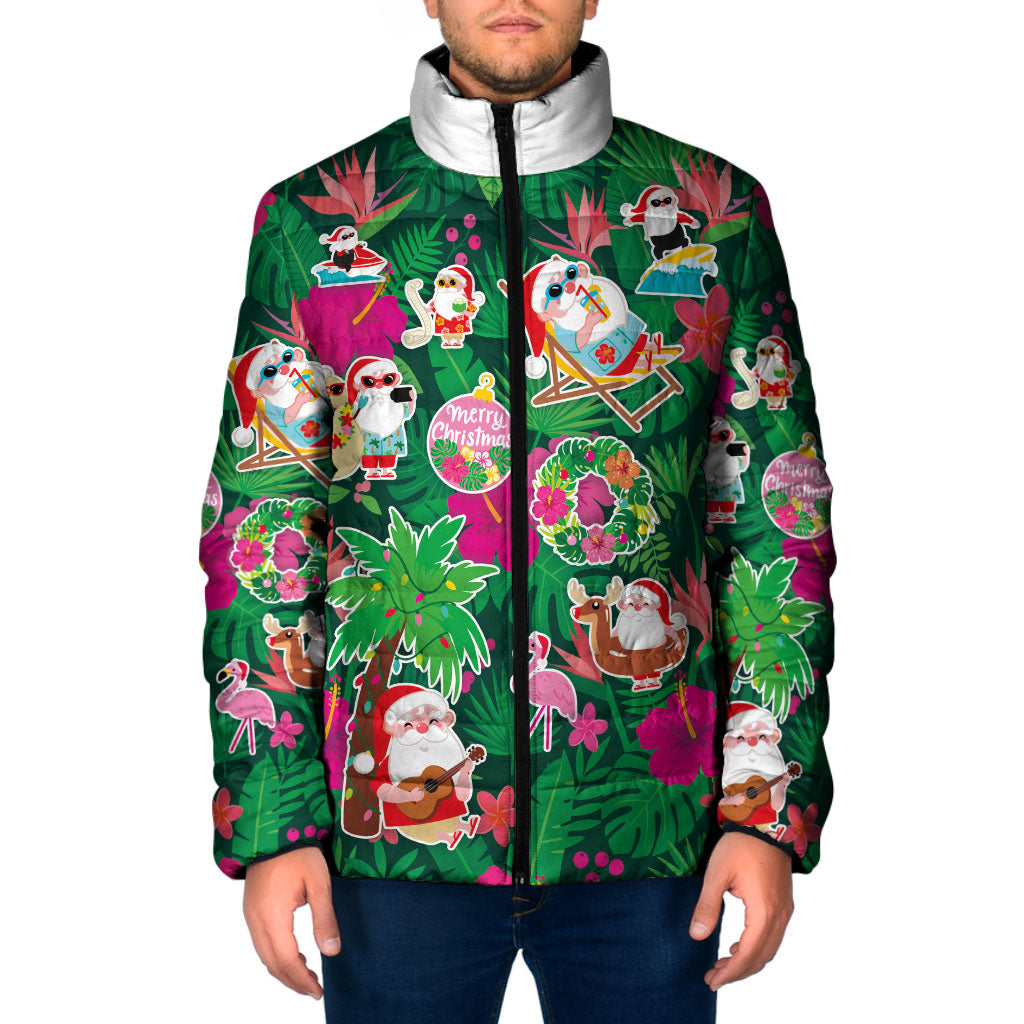 Hawaii Mele Kalikimaka Padded Jacket Tropical Plants with Santa Claus