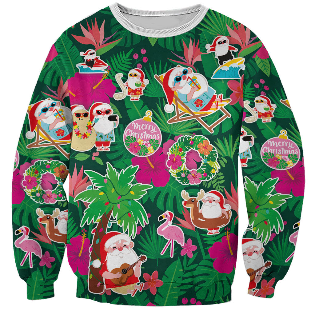 Hawaii Mele Kalikimaka Sweatshirt Tropical Plants with Santa Claus LT03 Unisex Multicolor - Polynesian Pride