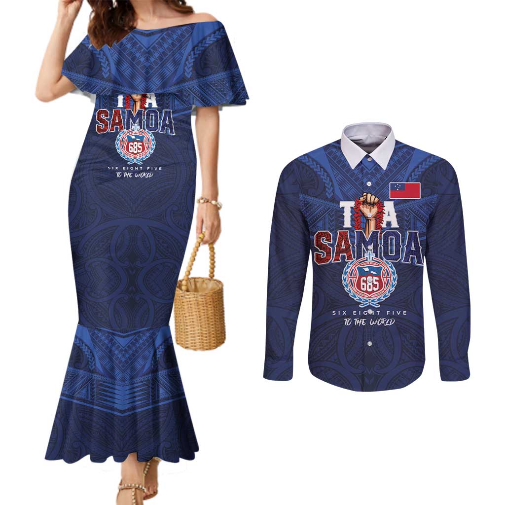 Custom Rugby Toa Samoa Couples Matching Mermaid Dress and Long Sleeve Button Shirt Champions Six Eight Five - Polynesian Pride