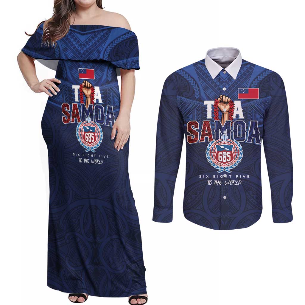 Custom Rugby Toa Samoa Couples Matching Off Shoulder Maxi Dress and Long Sleeve Button Shirt Champions Six Eight Five - Polynesian Pride