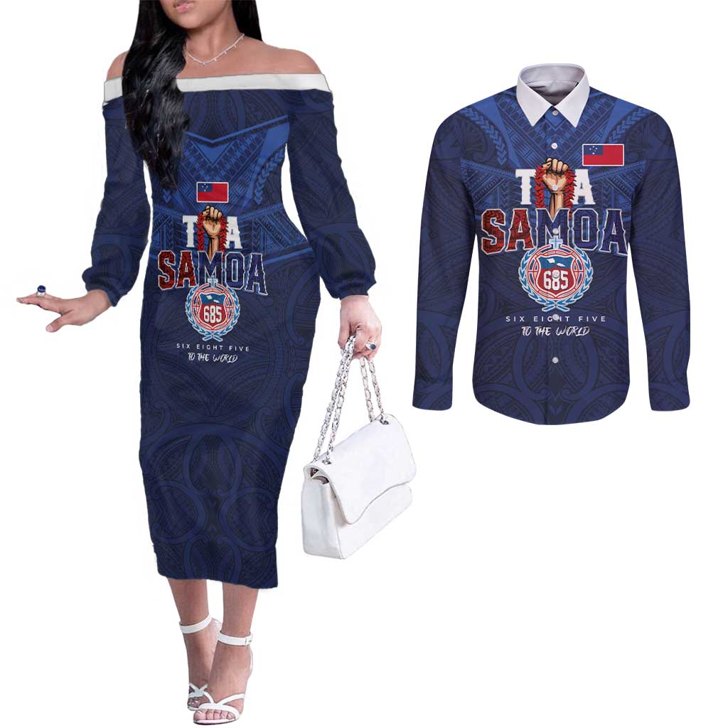 Custom Rugby Toa Samoa Couples Matching Off The Shoulder Long Sleeve Dress and Long Sleeve Button Shirt Champions Six Eight Five - Polynesian Pride