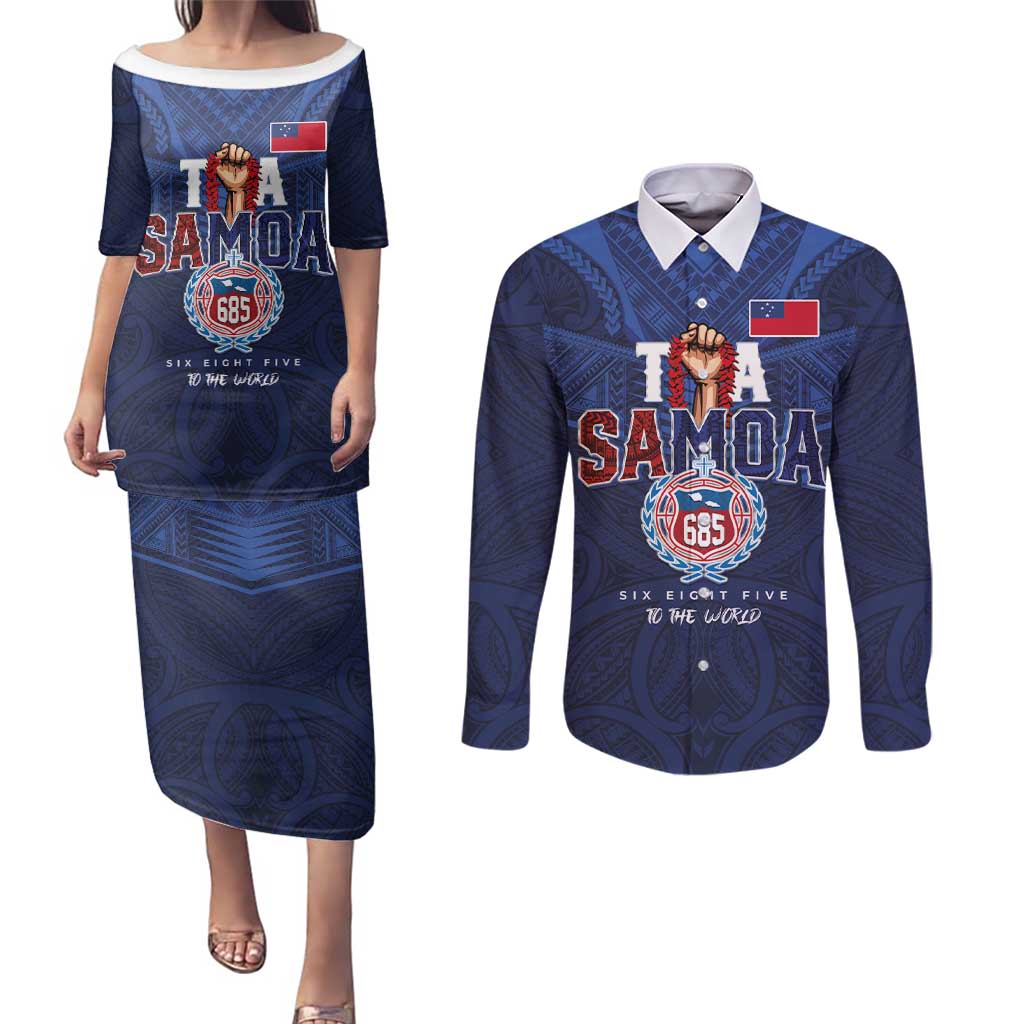 Custom Rugby Toa Samoa Couples Matching Puletasi and Long Sleeve Button Shirt Champions Six Eight Five - Polynesian Pride