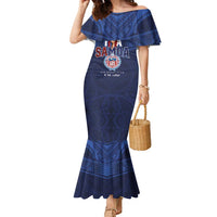 Custom Rugby Toa Samoa Family Matching Mermaid Dress and Hawaiian Shirt Champions Six Eight Five LT03 Mom's Dress Blue - Polynesian Pride