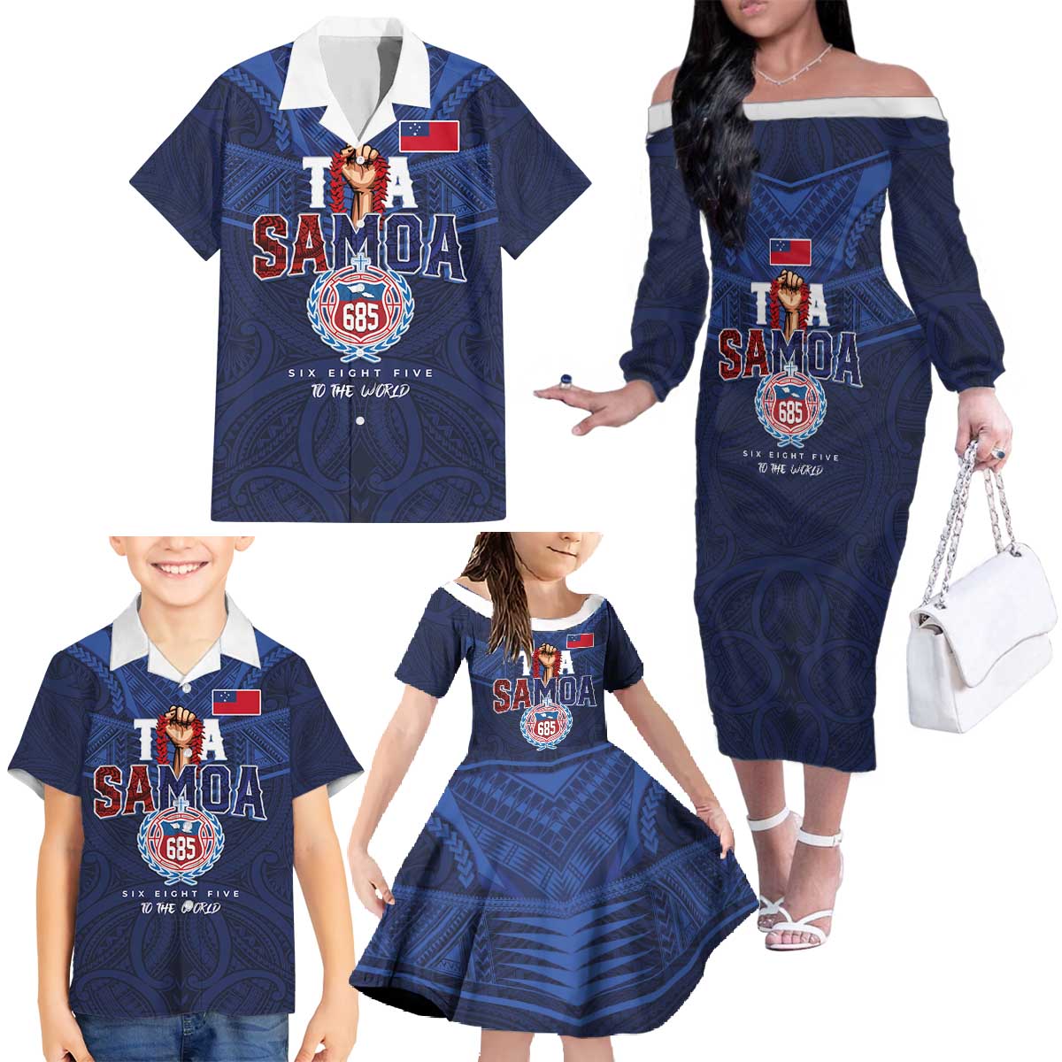 Custom Rugby Toa Samoa Family Matching Off The Shoulder Long Sleeve Dress and Hawaiian Shirt Champions Six Eight Five LT03 - Polynesian Pride