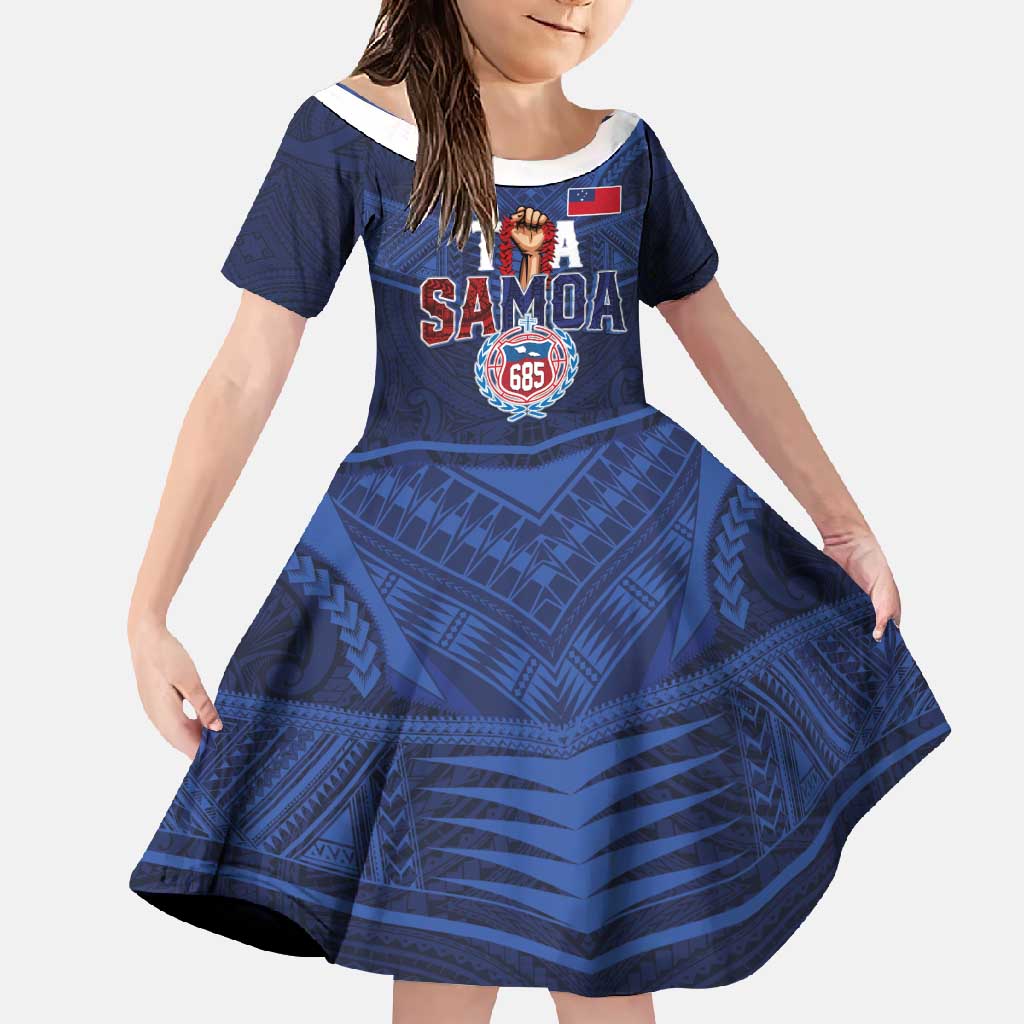 Custom Rugby Toa Samoa Family Matching Off Shoulder Maxi Dress and Hawaiian Shirt Champions Six Eight Five LT03 Daughter's Dress Blue - Polynesian Pride