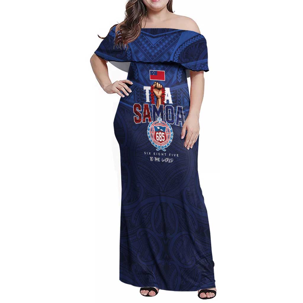 Custom Rugby Toa Samoa Family Matching Off Shoulder Maxi Dress and Hawaiian Shirt Champions Six Eight Five LT03 Mom's Dress Blue - Polynesian Pride
