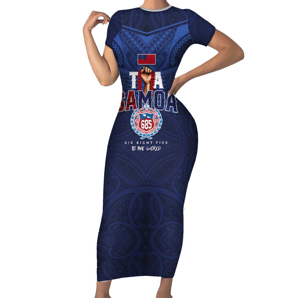Custom Rugby Toa Samoa Family Matching Short Sleeve Bodycon Dress and Hawaiian Shirt Champions Six Eight Five LT03 Mom's Dress Blue - Polynesian Pride