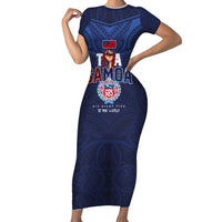 Custom Rugby Toa Samoa Family Matching Short Sleeve Bodycon Dress and Hawaiian Shirt Champions Six Eight Five LT03 Mom's Dress Blue - Polynesian Pride