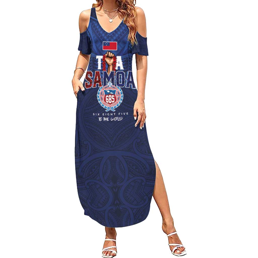 Custom Rugby Toa Samoa Family Matching Summer Maxi Dress and Hawaiian Shirt Champions Six Eight Five LT03 Mom's Dress Blue - Polynesian Pride