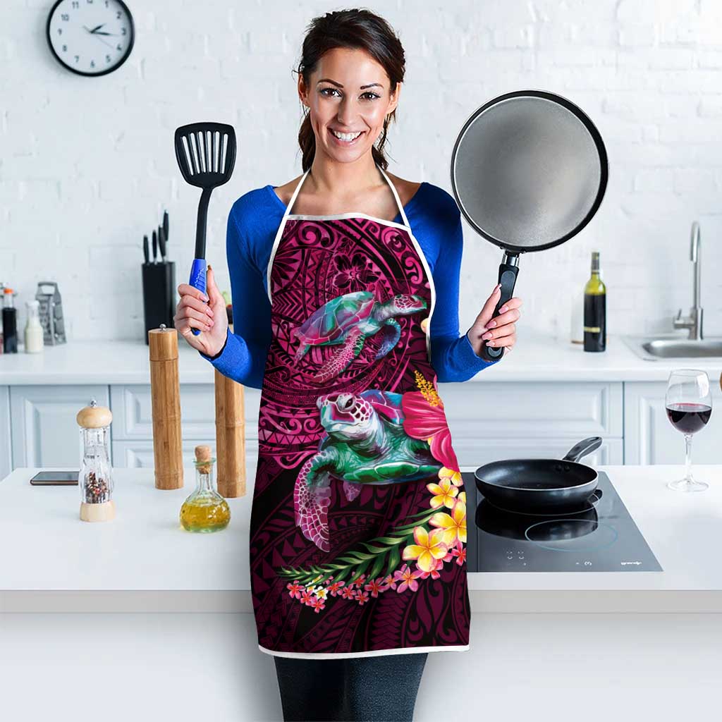 Hawaiian Plumeria and Hibiscus with Turtles Apron Polynesian Art Red Color - Polynesian Pride