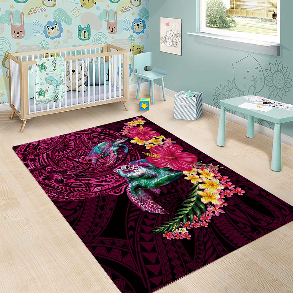 Hawaiian Plumeria and Hibiscus with Turtles Area Rug Polynesian Art Red Color - Polynesian Pride