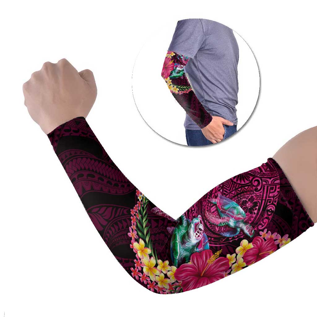 Hawaiian Plumeria and Hibiscus with Turtles Arm Sleeves Polynesian Art Red Color - Polynesian Pride