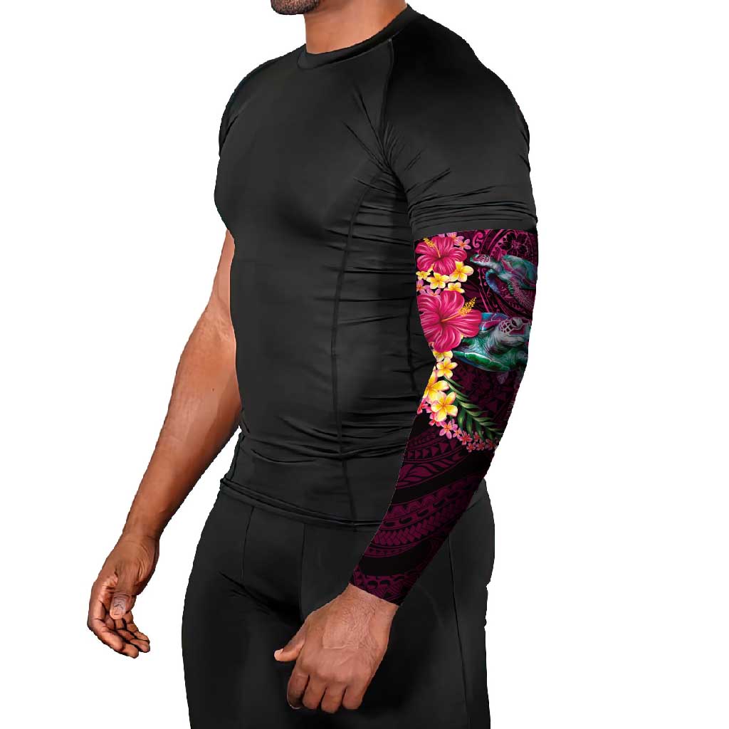 Hawaiian Plumeria and Hibiscus with Turtles Arm Sleeves Polynesian Art Red Color - Polynesian Pride