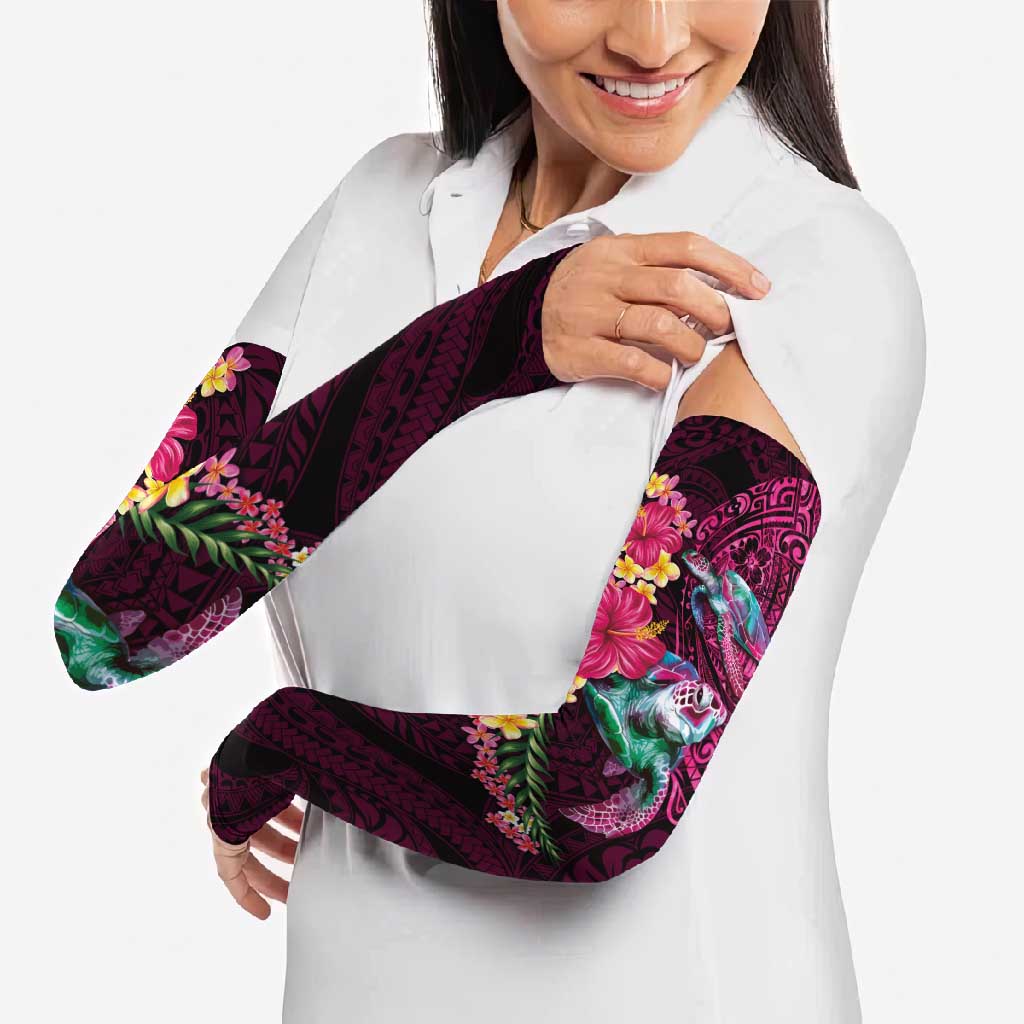 Hawaiian Plumeria and Hibiscus with Turtles Arm Sleeves Polynesian Art Red Color - Polynesian Pride