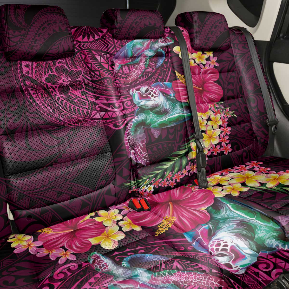 Hawaiian Plumeria and Hibiscus with Turtles Back Car Seat Cover Polynesian Art Red Color LT03 - Polynesian Pride