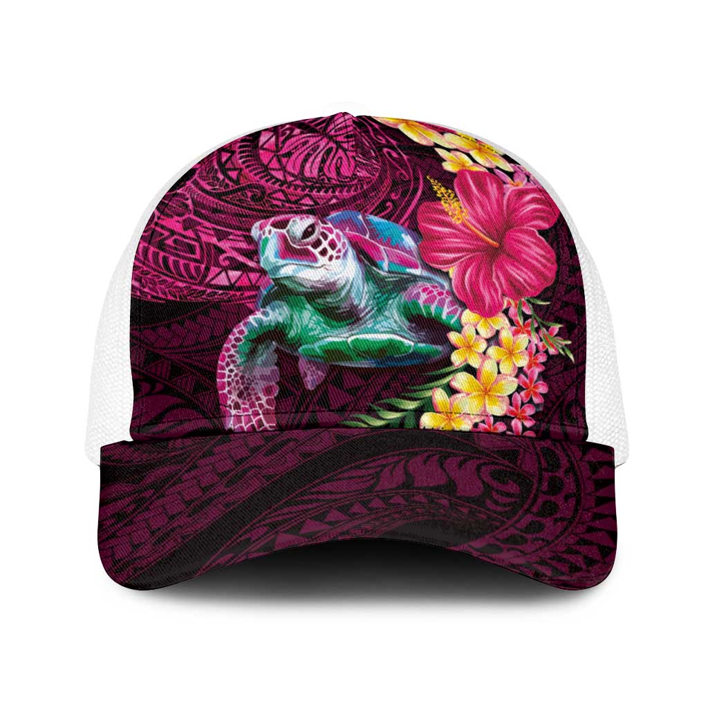 Hawaiian Plumeria and Hibiscus with Turtles Baseball Net Cap Polynesian Art Red Color - Polynesian Pride