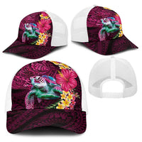 Hawaiian Plumeria and Hibiscus with Turtles Baseball Net Cap Polynesian Art Red Color - Polynesian Pride