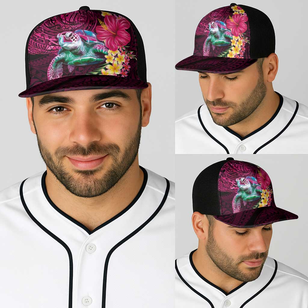Hawaiian Plumeria and Hibiscus with Turtles Baseball Net Cap Polynesian Art Red Color - Polynesian Pride