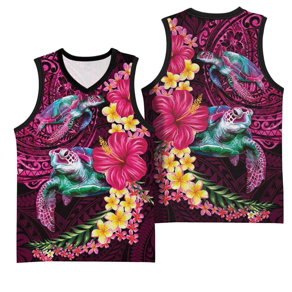 Hawaiian Plumeria and Hibiscus with Turtles Basketball Jersey Polynesian Art Red Color LT03 - Polynesian Pride