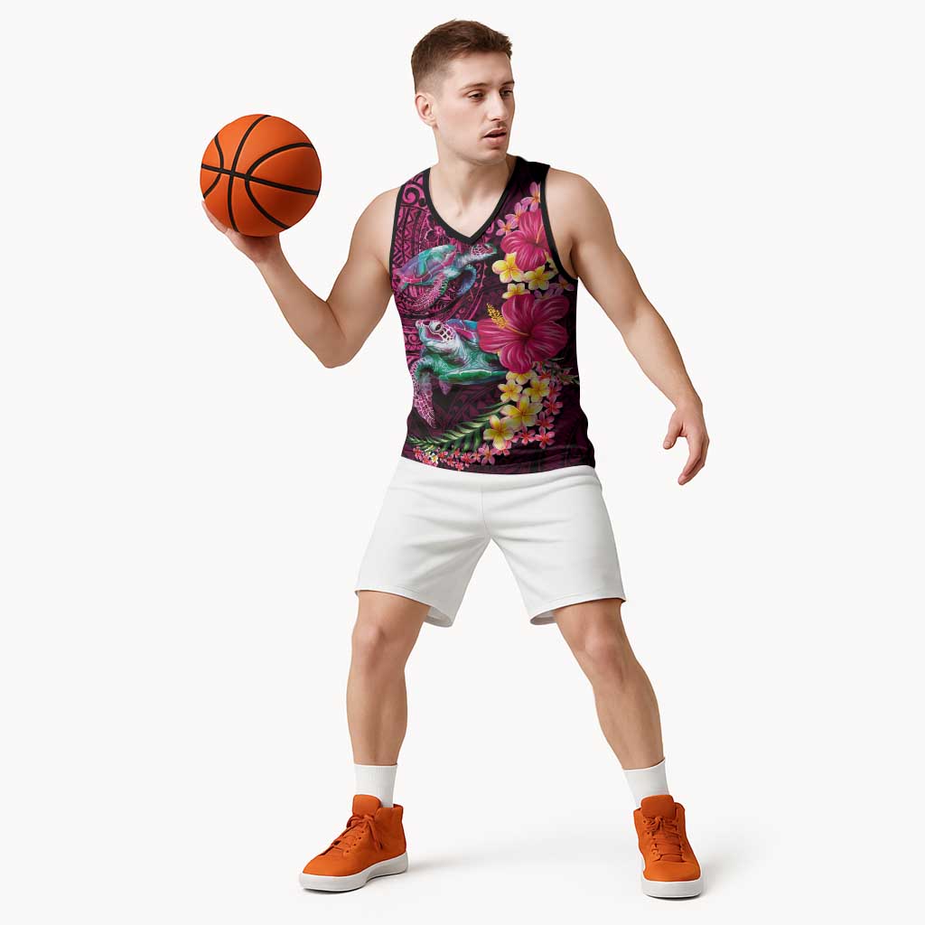 Hawaiian Plumeria and Hibiscus with Turtles Basketball Jersey Polynesian Art Red Color LT03 - Polynesian Pride