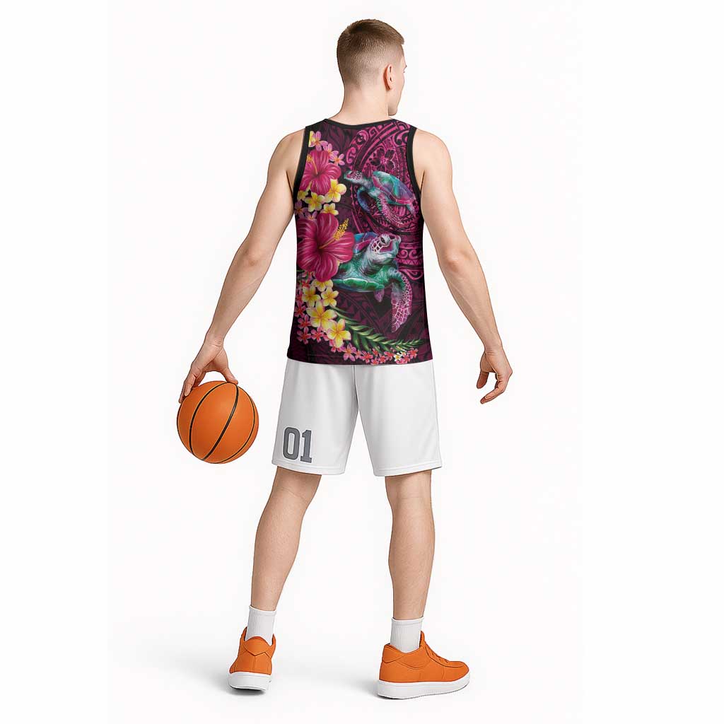 Hawaiian Plumeria and Hibiscus with Turtles Basketball Jersey Polynesian Art Red Color LT03 - Polynesian Pride