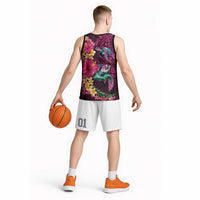 Hawaiian Plumeria and Hibiscus with Turtles Basketball Jersey Polynesian Art Red Color LT03 - Polynesian Pride