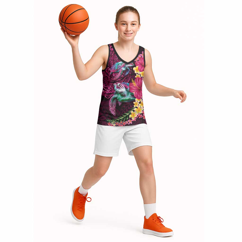 Hawaiian Plumeria and Hibiscus with Turtles Basketball Jersey Polynesian Art Red Color LT03 - Polynesian Pride