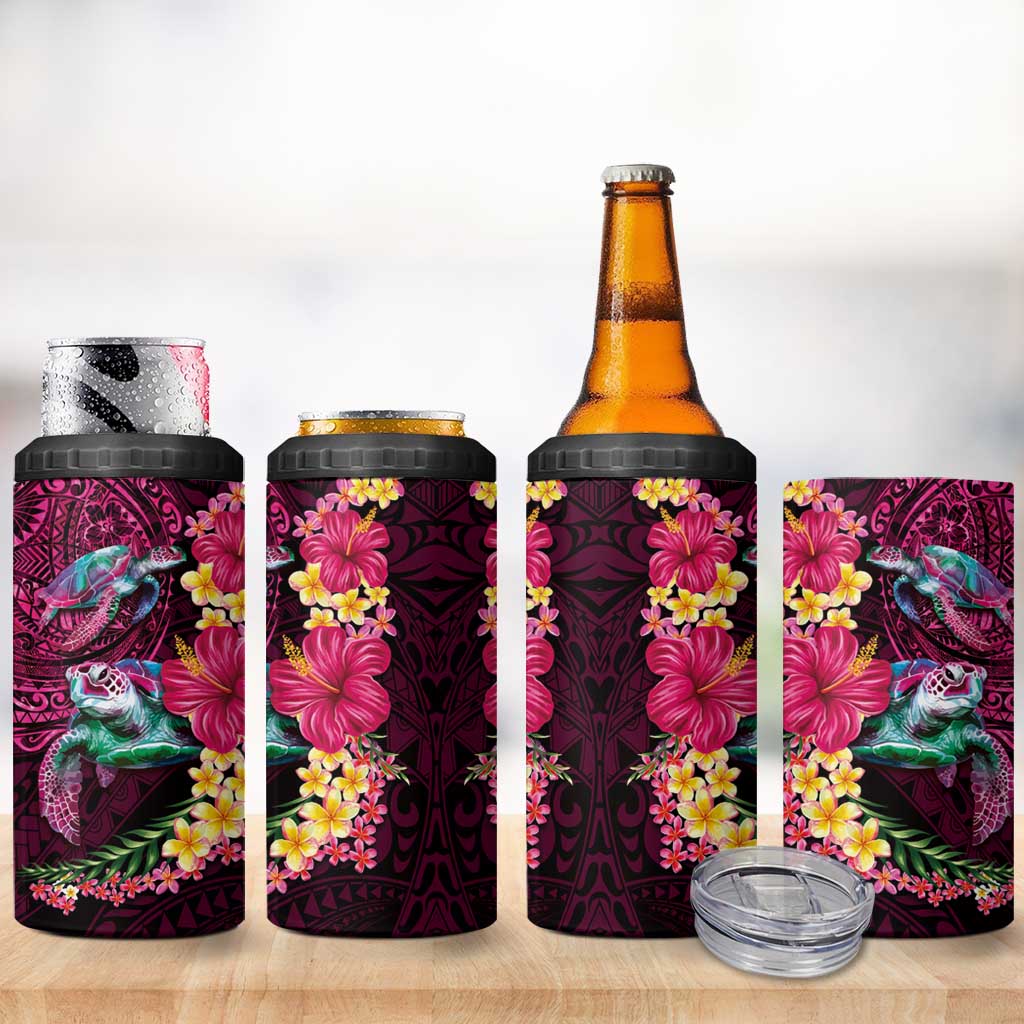 Hawaiian Plumeria and Hibiscus with Turtles 4 in 1 Can Cooler Tumbler Polynesian Art Red Color LT03 - Polynesian Pride