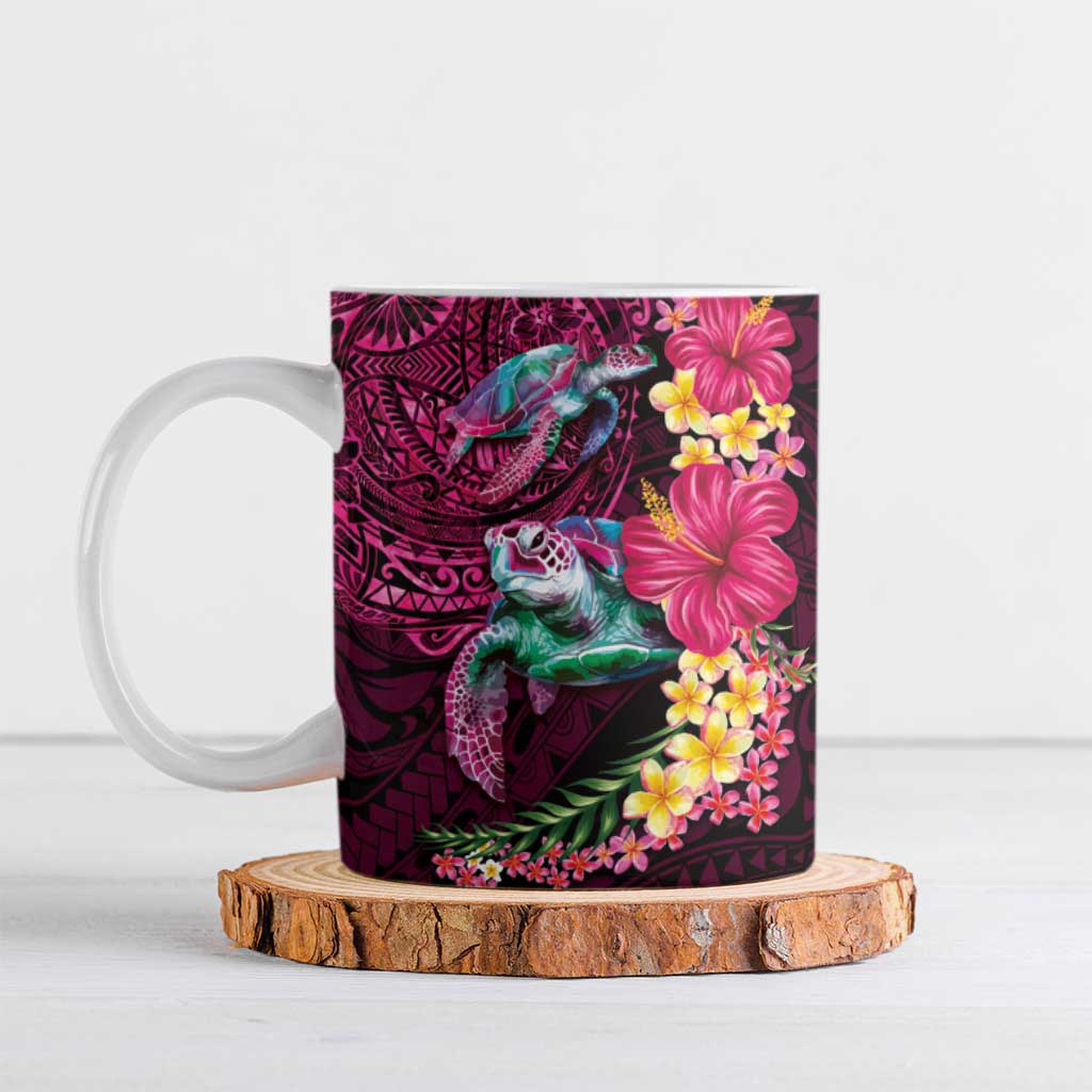 Hawaiian Plumeria and Hibiscus with Turtles Ceramic Mug Polynesian Art Red Color - Polynesian Pride