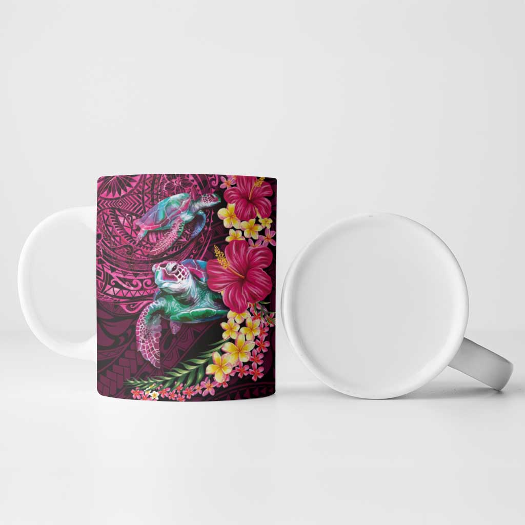 Hawaiian Plumeria and Hibiscus with Turtles Ceramic Mug Polynesian Art Red Color - Polynesian Pride