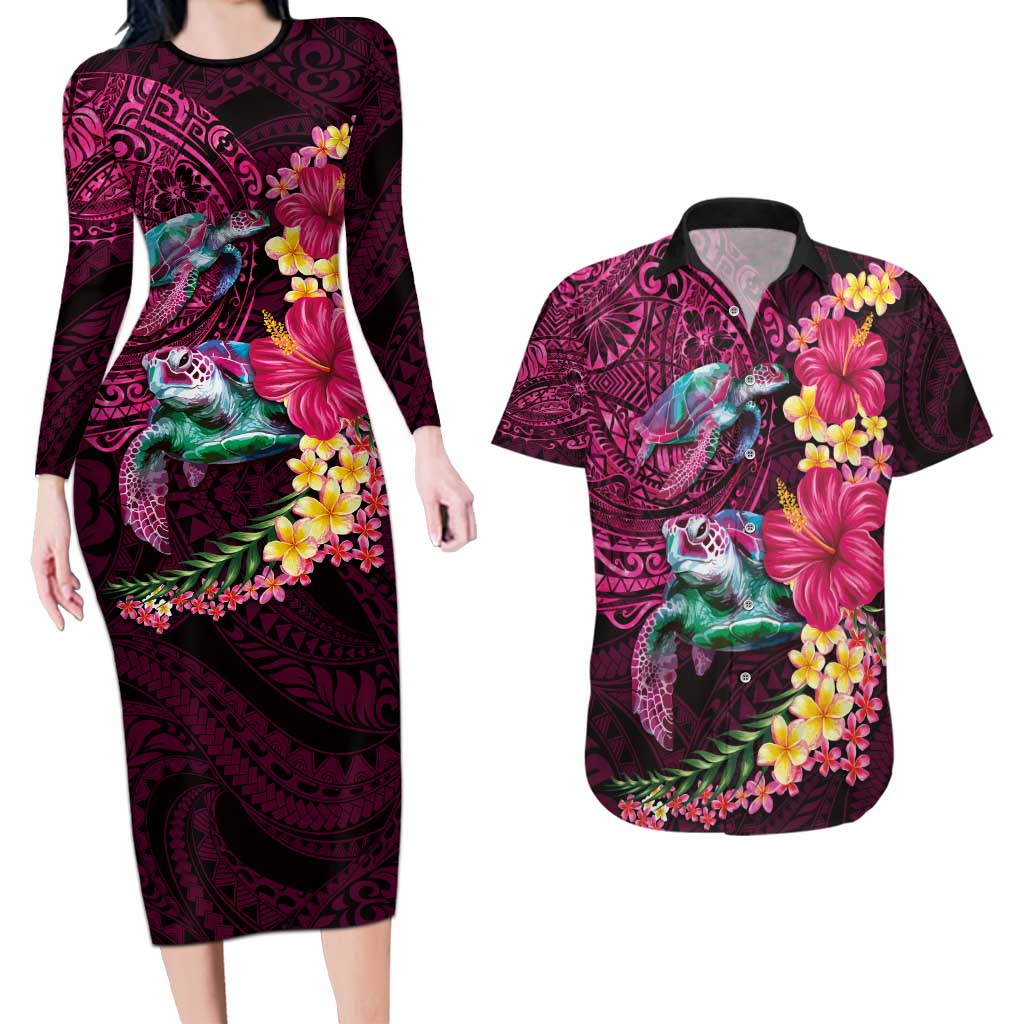 Hawaiian Plumeria and Hibiscus with Turtles Couples Matching Long Sleeve Bodycon Dress and Hawaiian Shirt Polynesian Art Red Color LT03 Red - Polynesian Pride