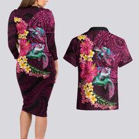 Hawaiian Plumeria and Hibiscus with Turtles Couples Matching Long Sleeve Bodycon Dress and Hawaiian Shirt Polynesian Art Red Color LT03 - Polynesian Pride