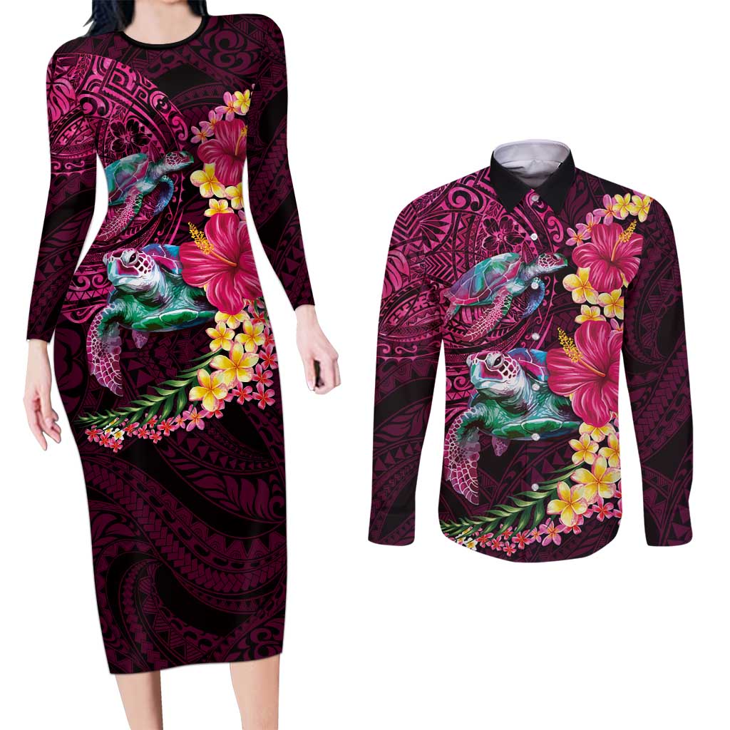 Hawaiian Plumeria and Hibiscus with Turtles Couples Matching Long Sleeve Bodycon Dress and Long Sleeve Button Shirt Polynesian Art Red Color LT03 Red - Polynesian Pride