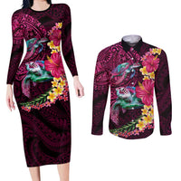Hawaiian Plumeria and Hibiscus with Turtles Couples Matching Long Sleeve Bodycon Dress and Long Sleeve Button Shirt Polynesian Art Red Color LT03 Red - Polynesian Pride