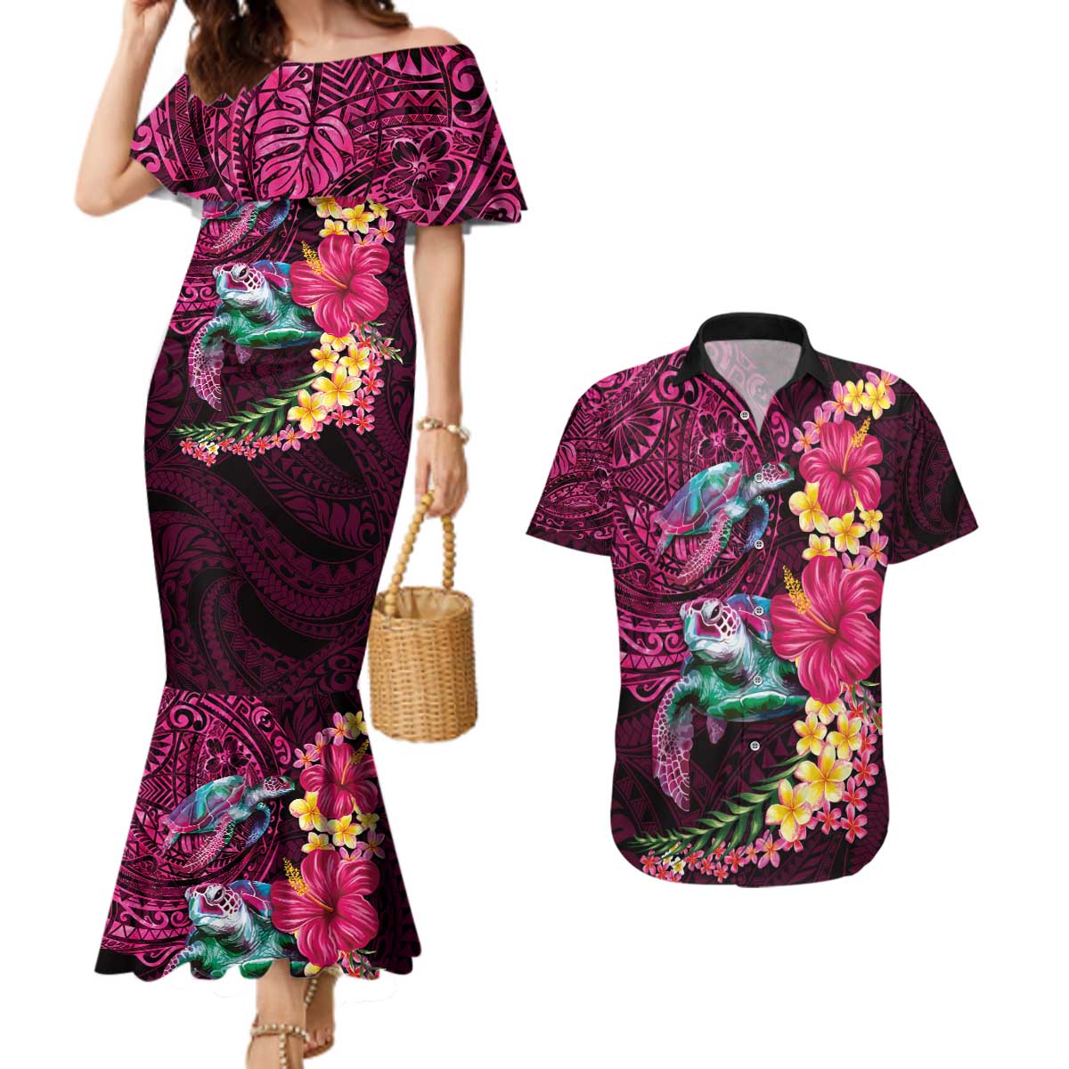 Hawaiian Plumeria and Hibiscus with Turtles Couples Matching Mermaid Dress and Hawaiian Shirt Polynesian Art Red Color - Polynesian Pride