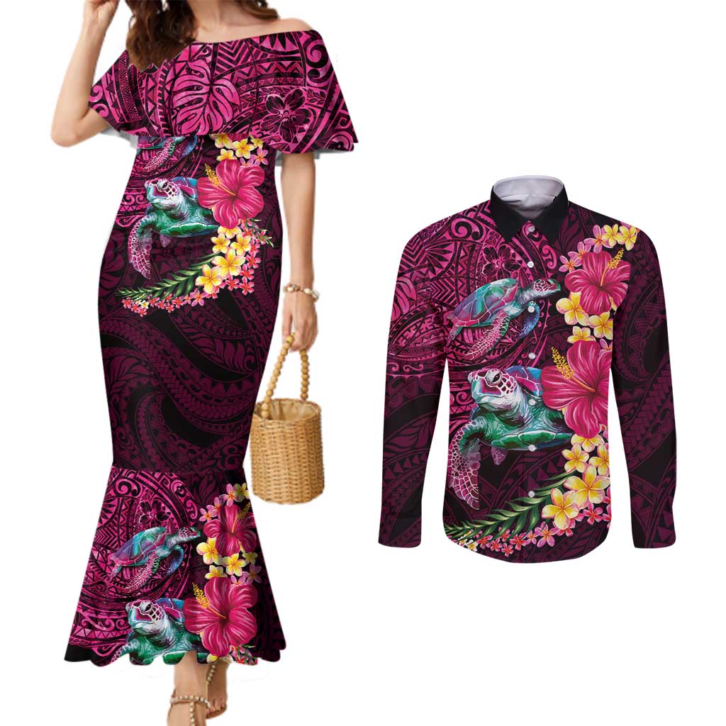 Hawaiian Plumeria and Hibiscus with Turtles Couples Matching Mermaid Dress and Long Sleeve Button Shirt Polynesian Art Red Color LT03 Red - Polynesian Pride