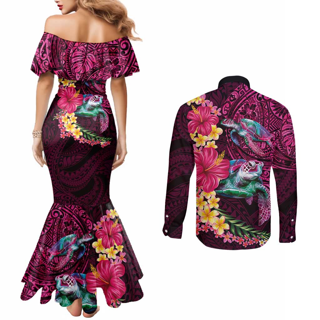 Hawaiian Plumeria and Hibiscus with Turtles Couples Matching Mermaid Dress and Long Sleeve Button Shirt Polynesian Art Red Color LT03 - Polynesian Pride