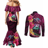 Hawaiian Plumeria and Hibiscus with Turtles Couples Matching Mermaid Dress and Long Sleeve Button Shirt Polynesian Art Red Color LT03 - Polynesian Pride