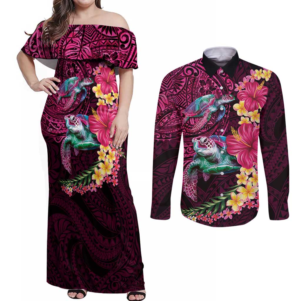 Hawaiian Plumeria and Hibiscus with Turtles Couples Matching Off Shoulder Maxi Dress and Long Sleeve Button Shirt Polynesian Art Red Color LT03 Red - Polynesian Pride
