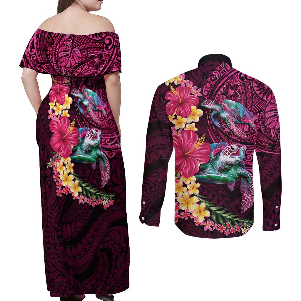 Hawaiian Plumeria and Hibiscus with Turtles Couples Matching Off Shoulder Maxi Dress and Long Sleeve Button Shirt Polynesian Art Red Color LT03 - Polynesian Pride