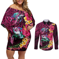 Hawaiian Plumeria and Hibiscus with Turtles Couples Matching Off Shoulder Short Dress and Long Sleeve Button Shirt Polynesian Art Red Color LT03 Red - Polynesian Pride