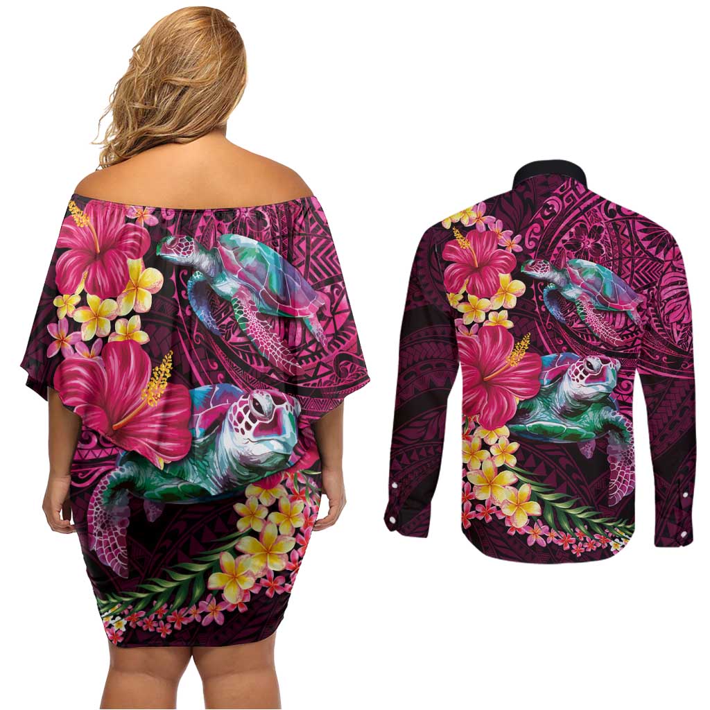 Hawaiian Plumeria and Hibiscus with Turtles Couples Matching Off Shoulder Short Dress and Long Sleeve Button Shirt Polynesian Art Red Color LT03 - Polynesian Pride