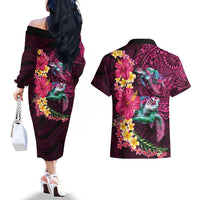 Hawaiian Plumeria and Hibiscus with Turtles Couples Matching Off The Shoulder Long Sleeve Dress and Hawaiian Shirt Polynesian Art Red Color LT03 - Polynesian Pride