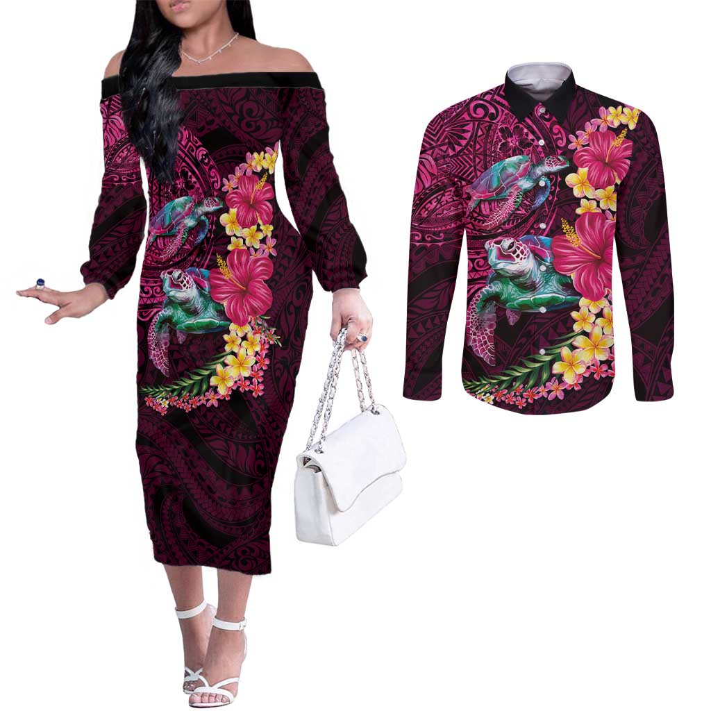 Hawaiian Plumeria and Hibiscus with Turtles Couples Matching Off The Shoulder Long Sleeve Dress and Long Sleeve Button Shirt Polynesian Art Red Color LT03 Red - Polynesian Pride