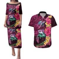 Hawaiian Plumeria and Hibiscus with Turtles Couples Matching Puletasi and Hawaiian Shirt Polynesian Art Red Color LT03 Red - Polynesian Pride