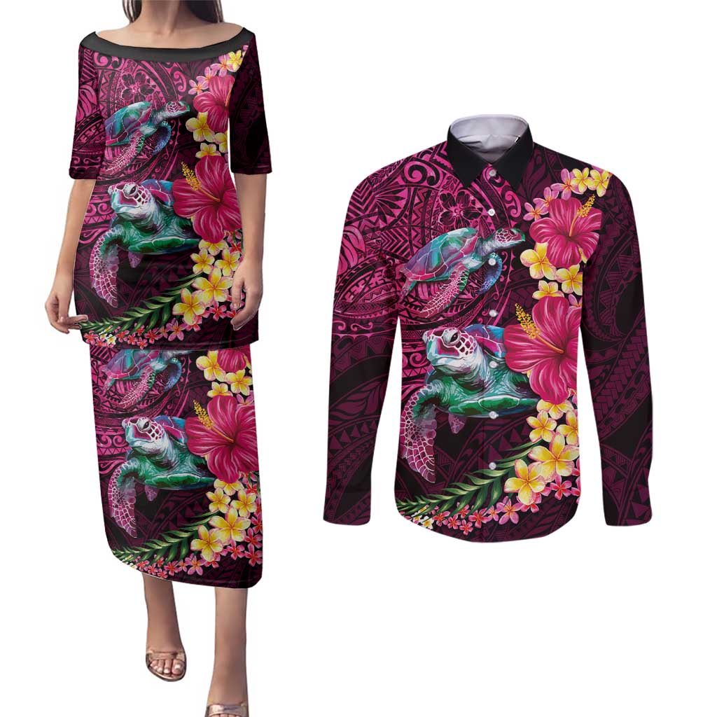Hawaiian Plumeria and Hibiscus with Turtles Couples Matching Puletasi and Long Sleeve Button Shirt Polynesian Art Red Color - Polynesian Pride