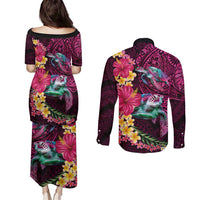 Hawaiian Plumeria and Hibiscus with Turtles Couples Matching Puletasi and Long Sleeve Button Shirt Polynesian Art Red Color LT03 - Polynesian Pride