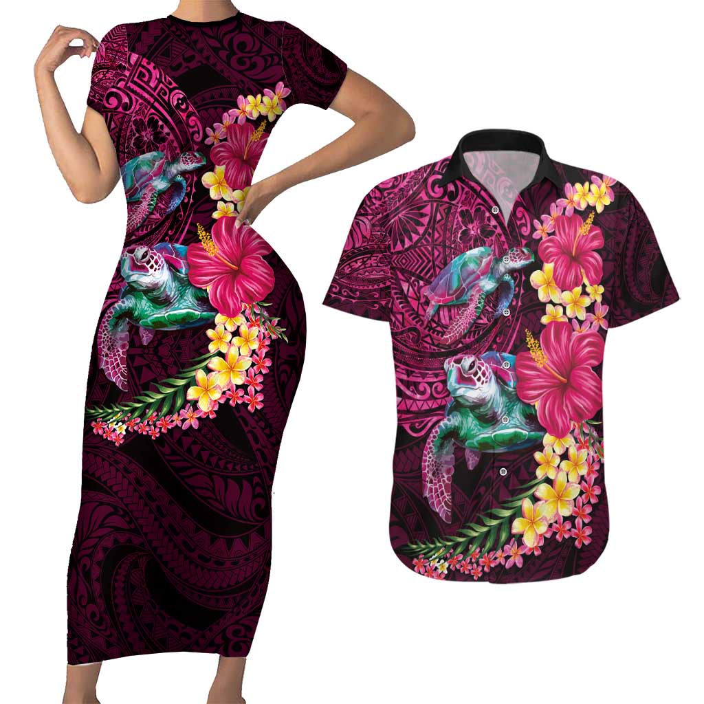 Hawaiian Plumeria and Hibiscus with Turtles Couples Matching Short Sleeve Bodycon Dress and Hawaiian Shirt Polynesian Art Red Color LT03 Red - Polynesian Pride