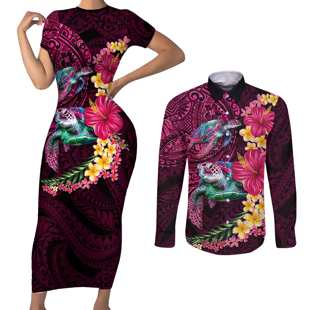 Hawaiian Plumeria and Hibiscus with Turtles Couples Matching Short Sleeve Bodycon Dress and Long Sleeve Button Shirt Polynesian Art Red Color LT03 Red - Polynesian Pride