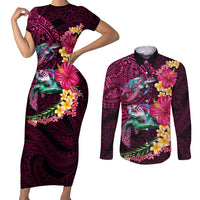 Hawaiian Plumeria and Hibiscus with Turtles Couples Matching Short Sleeve Bodycon Dress and Long Sleeve Button Shirt Polynesian Art Red Color LT03 Red - Polynesian Pride